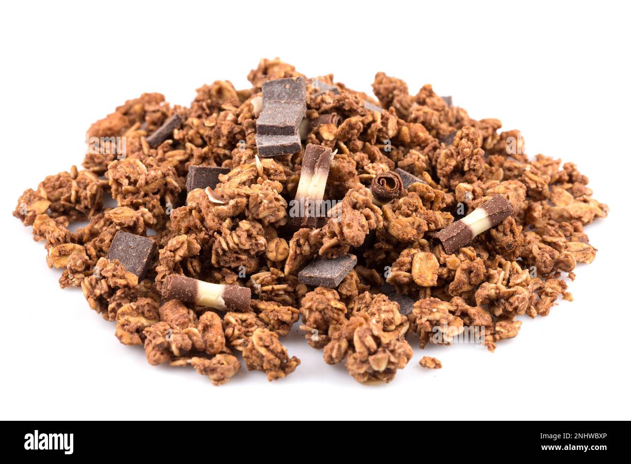 Macro close up of chocolate muesli with pieces of chocolate Stock Photo