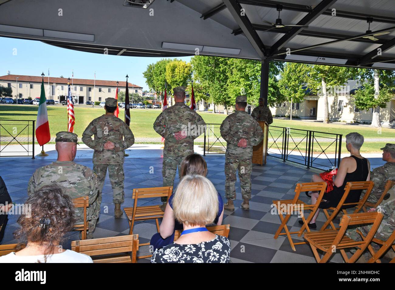 U.S. Army Lt. Col. Brian C. Tripp, the outgoing Commander Public Health Activity - Italy, Col. Kenneth D. Spicer, the commander of Public Health Command Europe, and Lt. Col. Serena T. Mukai, the incoming Commander, during the Change of Command ceremony at Caserma Ederle in Vicenza, Italy, August 3, 2022. Stock Photo