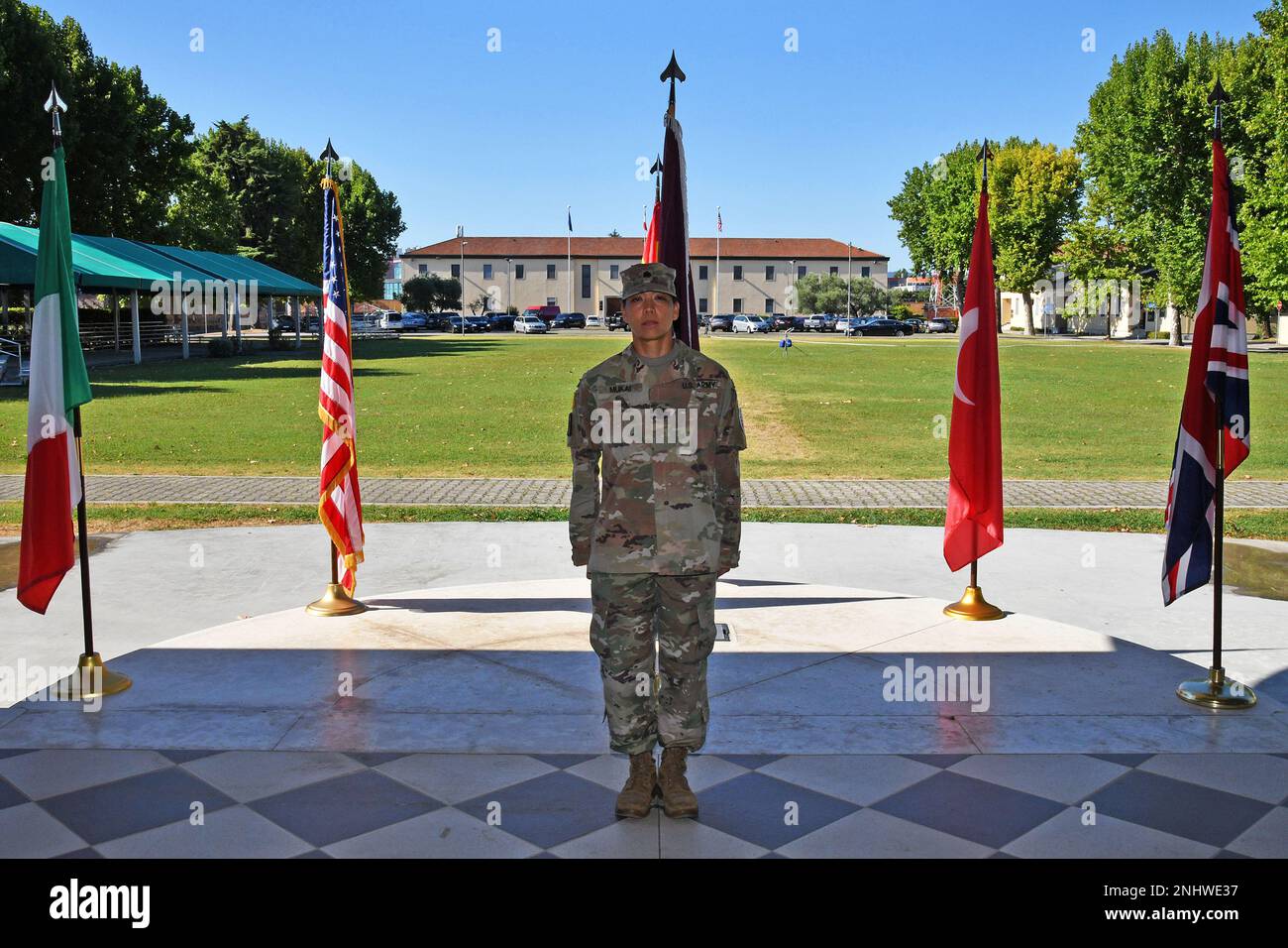 U.S. Army Lt. Col. Serena T. Mukai, the incoming Commander Public Health Activity - Italy, assumed command during change of command ceremony at Caserma Ederle in Vicenza, Italy, August 3, 2022. Stock Photo