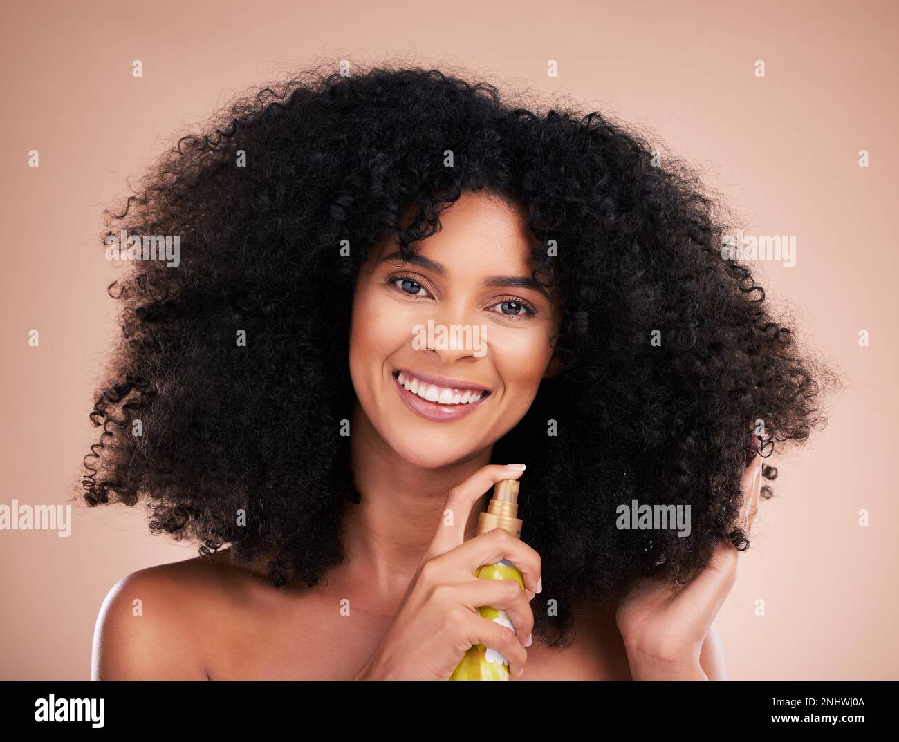 Black woman, portrait or afro hair product on isolated studio background in frizz control, curly