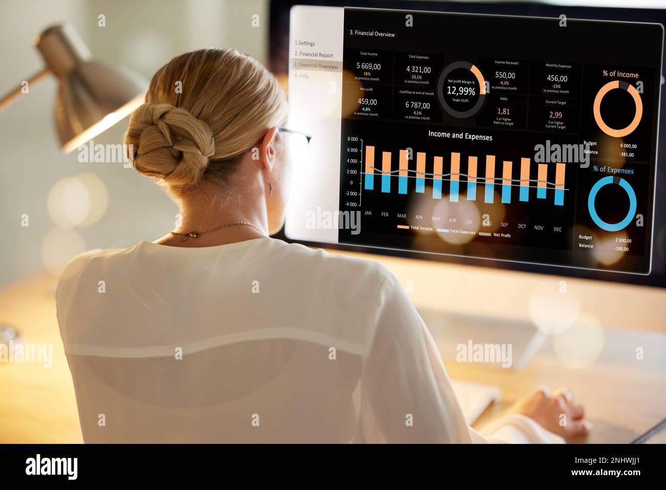 Business woman, screen or computer data analytics in night office for ...