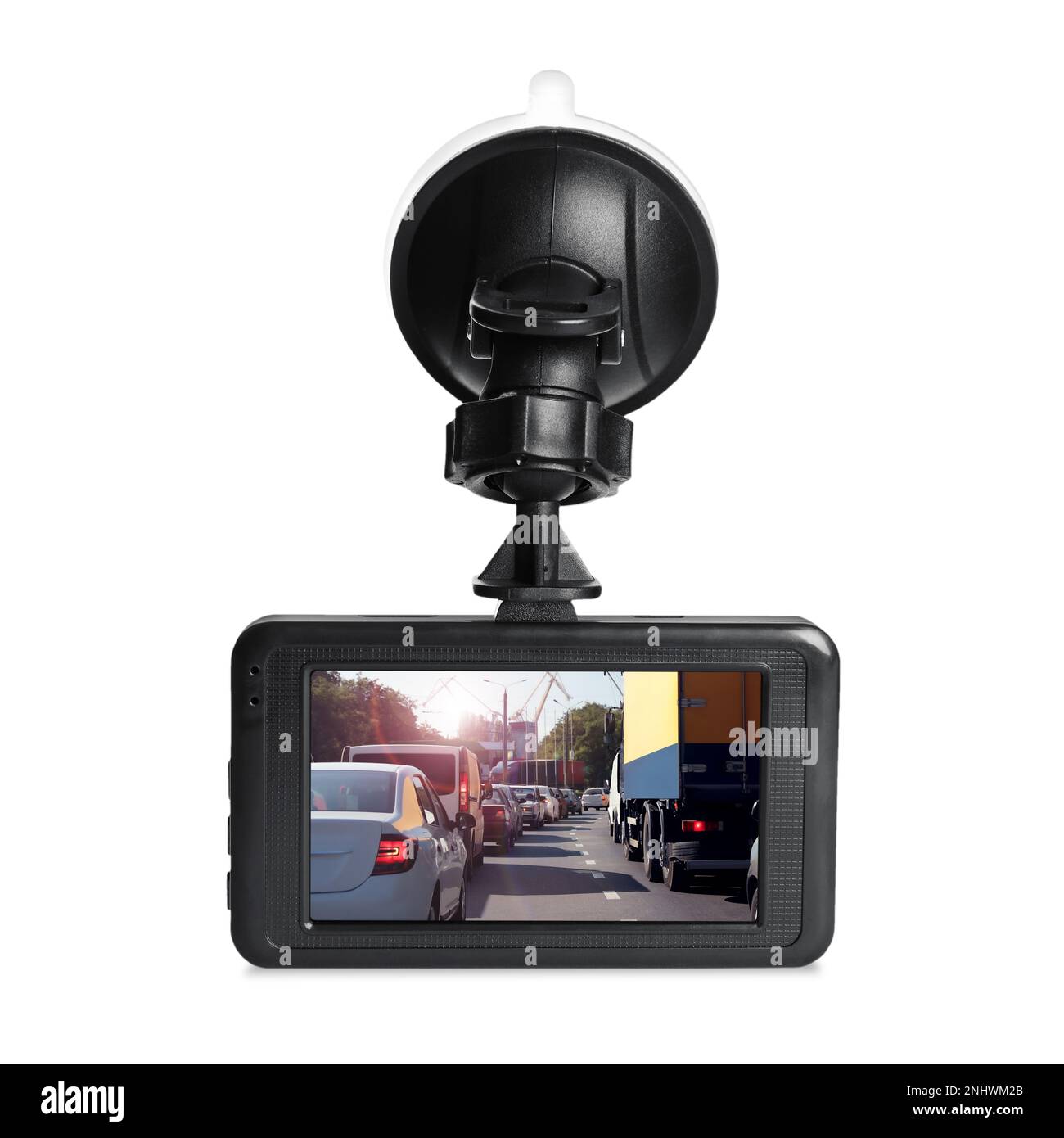 Modern car dashboard camera with photo of road on screen against white background Stock Photo