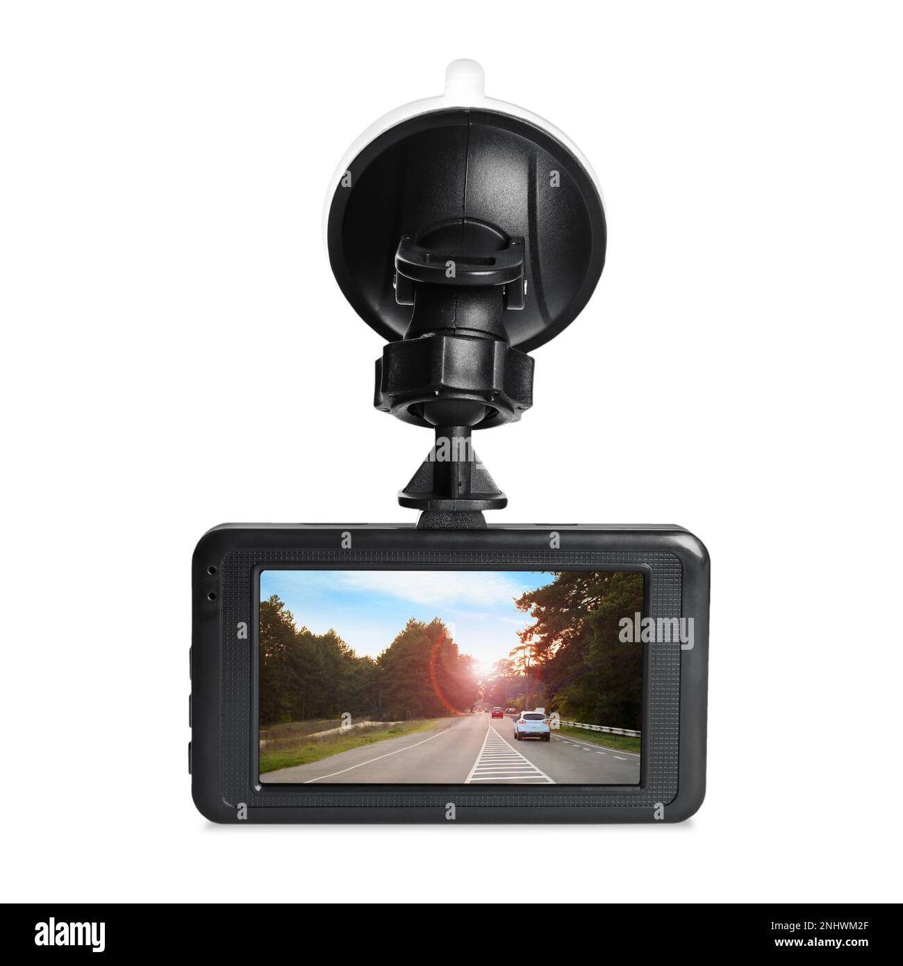 Modern car dashboard camera with photo of road on screen against white background Stock Photo