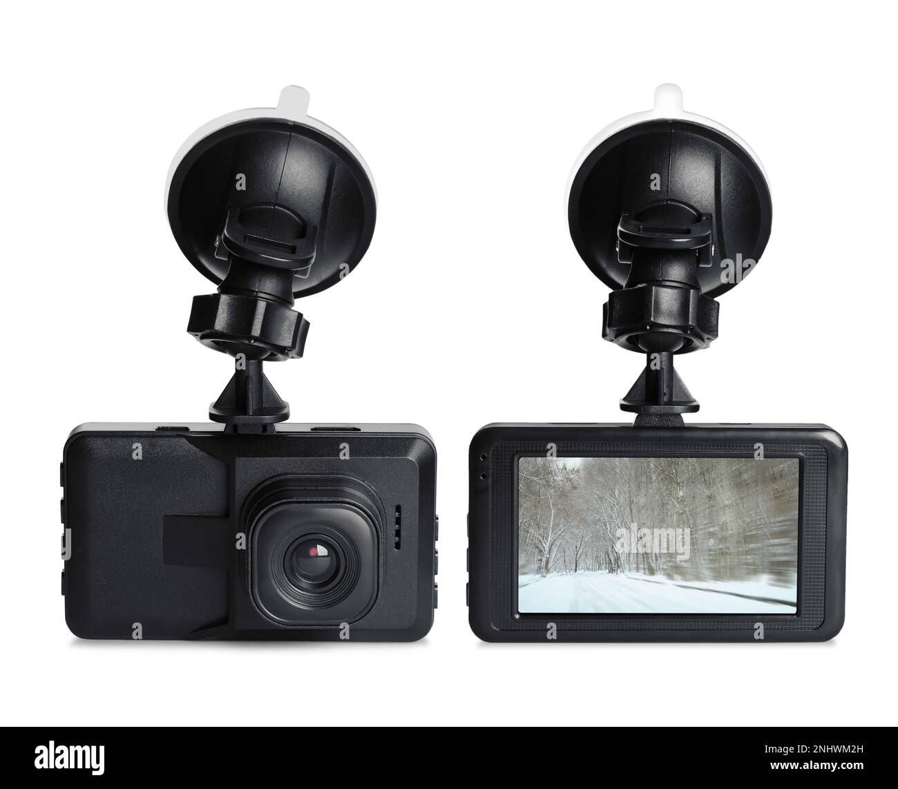 Modern car dashboard cameras on white background in collage, one with