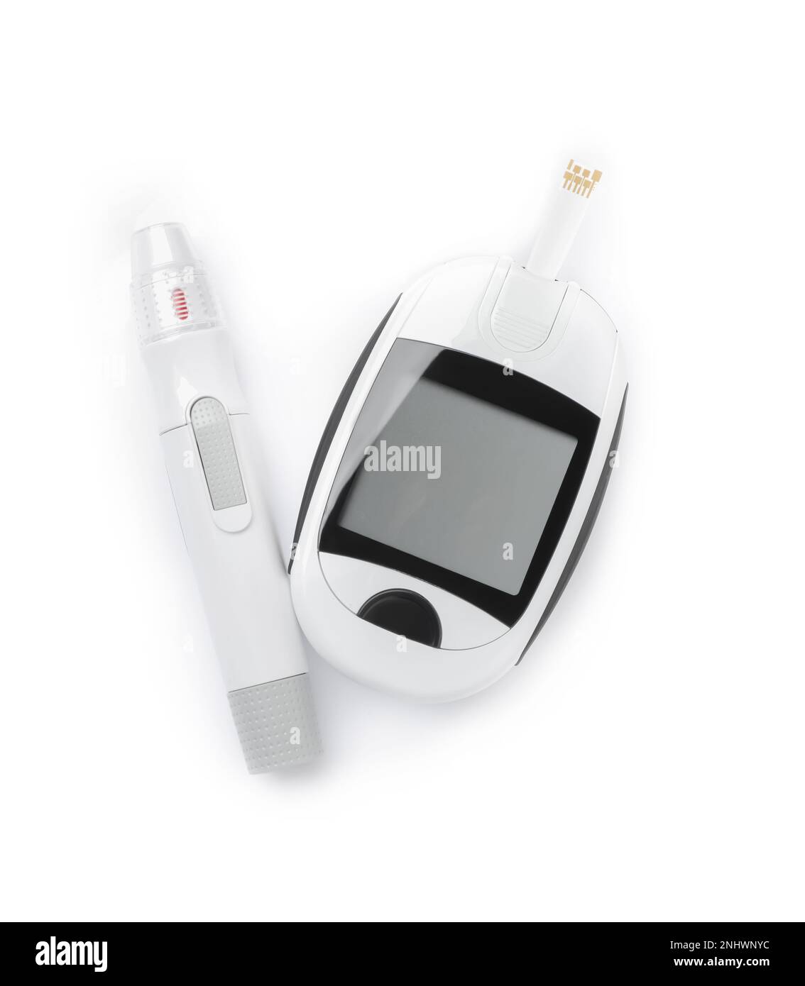 Modern with test strip and lancet pen on white background