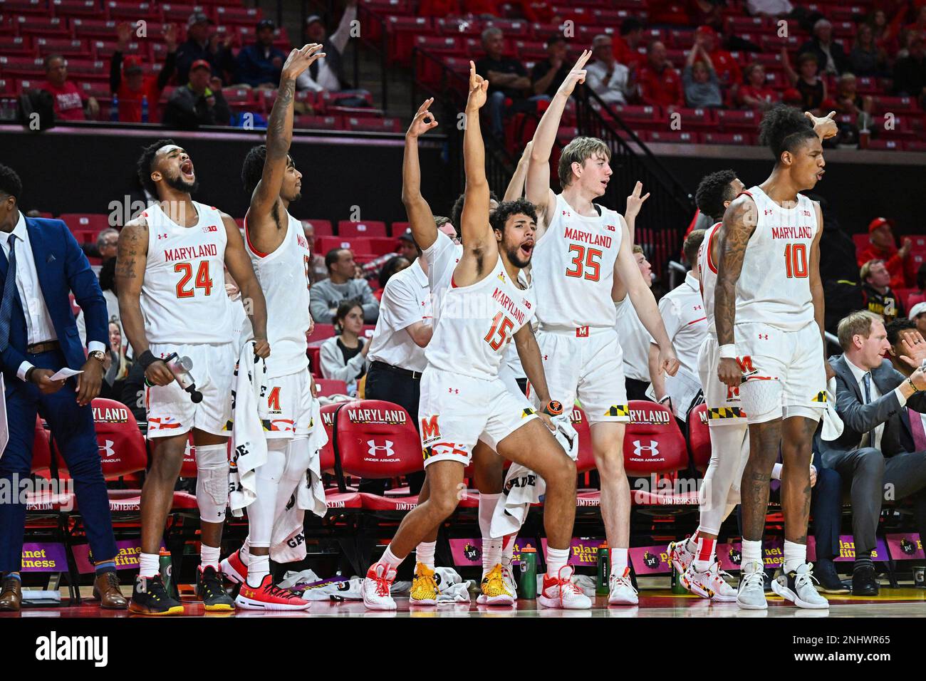 November 15, 2022 Maryland Terrapins bench celebrates after a three