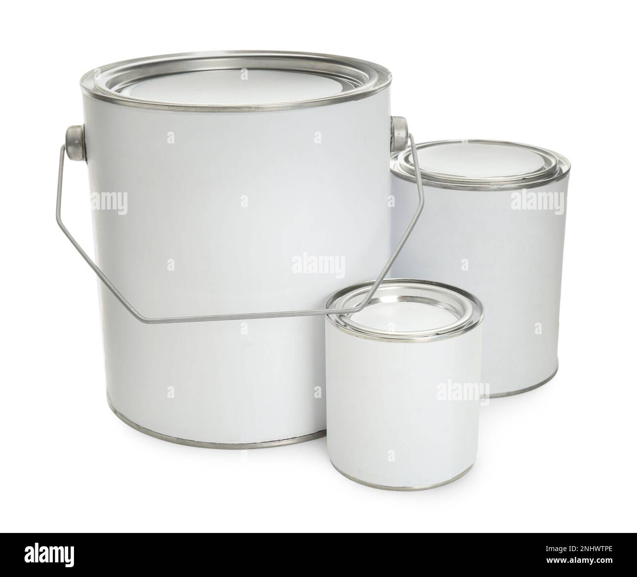 Closed blank cans of paint isolated on white Stock Photo - Alamy