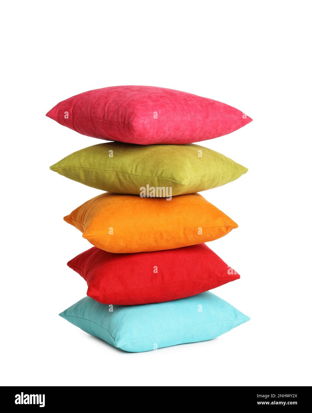 Stack of colorful decorative pillows on white background Stock Photo