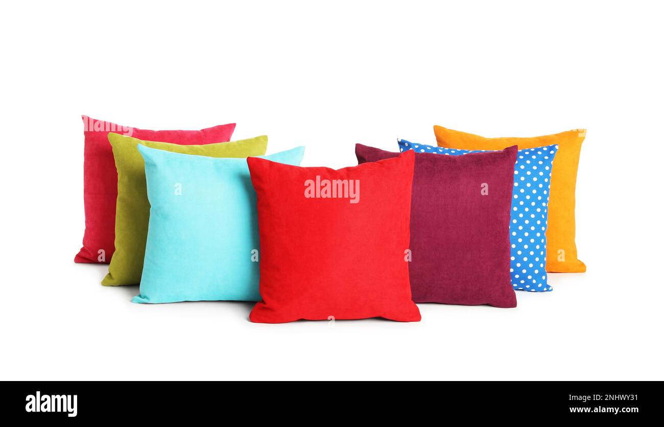 Different colorful decorative pillows on white background Stock Photo