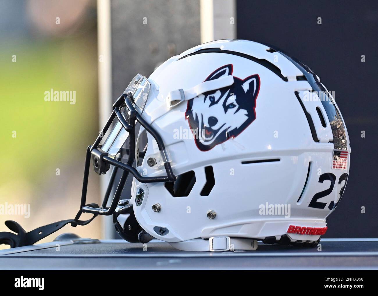 EAST HARTFORD, CT - NOVEMBER 12: UConn Huskies helmet during the game as  the Liberty Flames take on the UConn Huskies on November 12, 2022, at the  Rentschler Field in East Hartford,