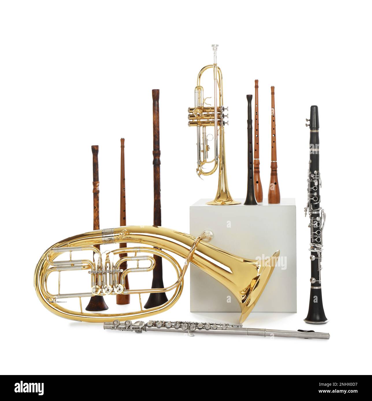 Set of wind musical instruments on white background Stock Photo