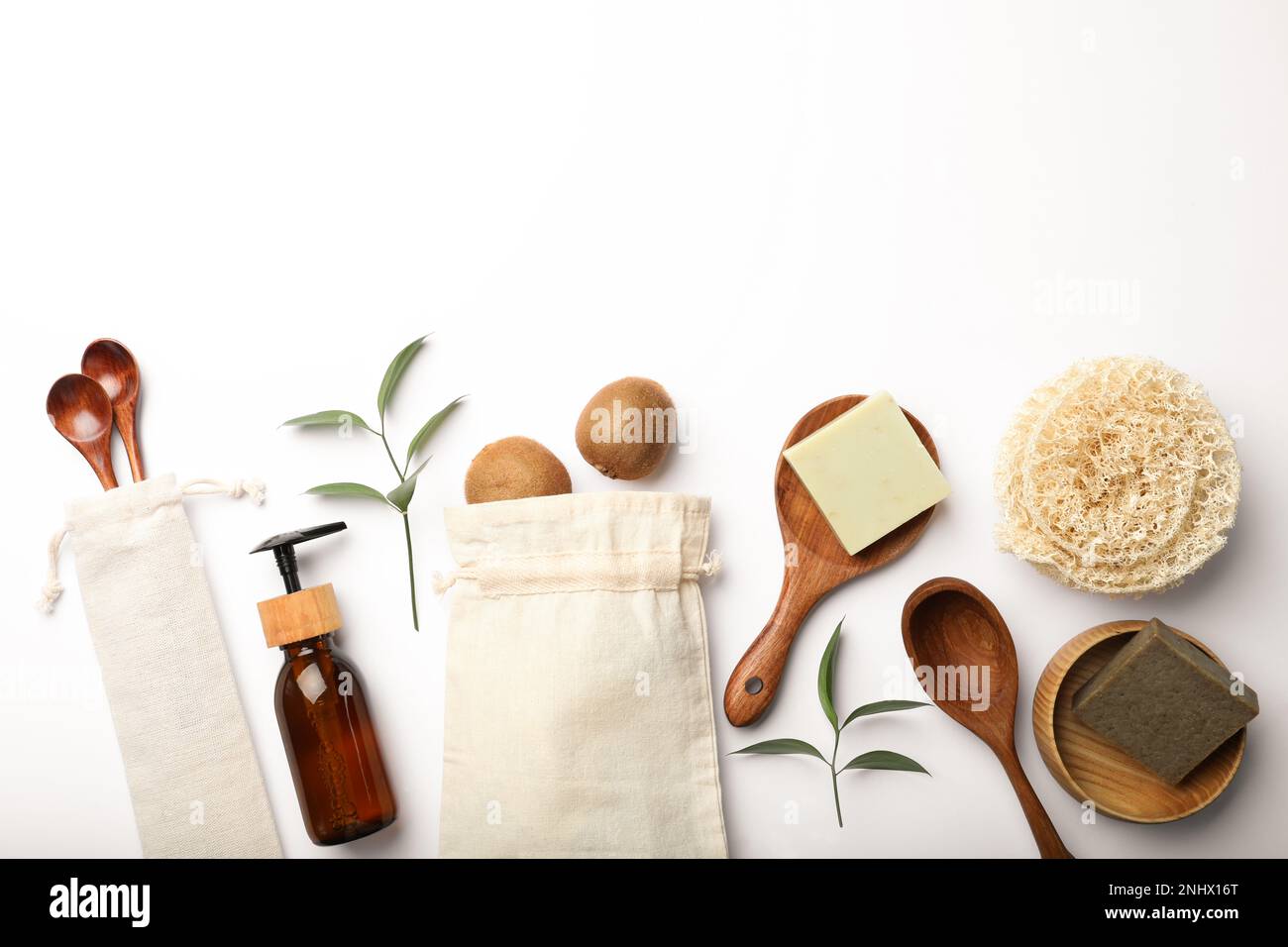 Flat lay composition with eco friendly products on white background ...