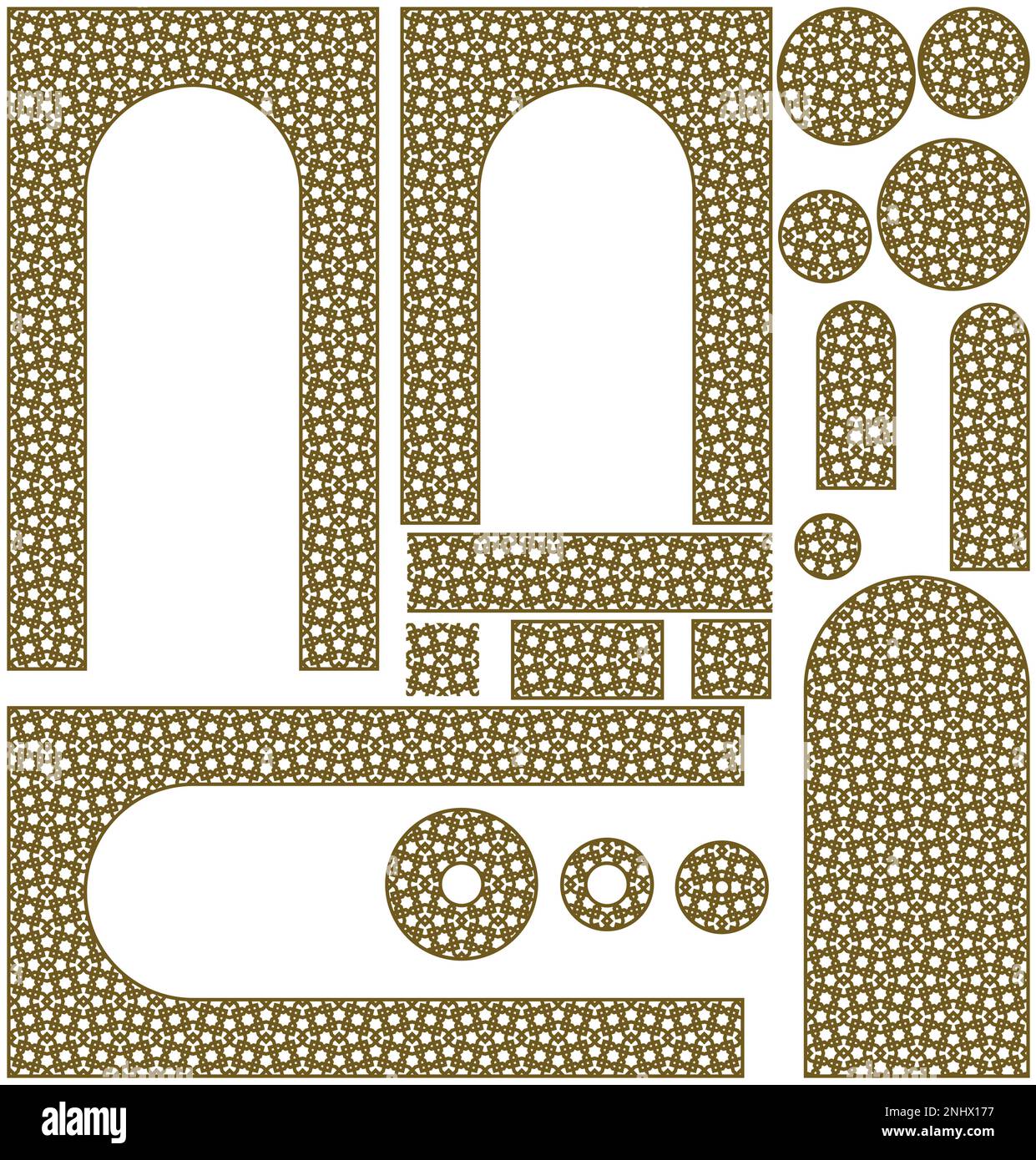 Arches, frames and additional design elements. Arabic geometric ornament.Brown color. Stock Vector