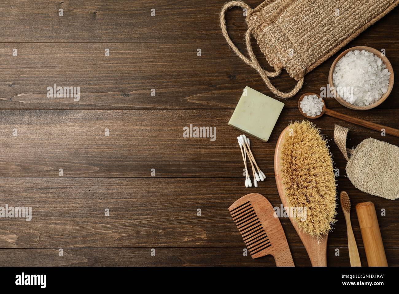 Flat lay composition with eco friendly products on wooden background ...