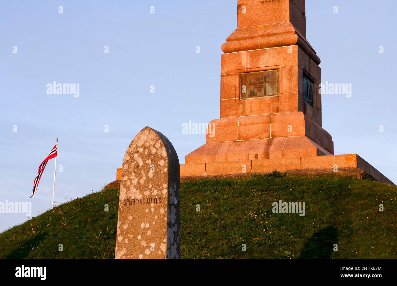 HAUGESUND, NORWAY ON JULY 03, 2010. Close up on The National Monument, Kings Hill in the sunset. Old Norse. Editorial use. Stock Photo