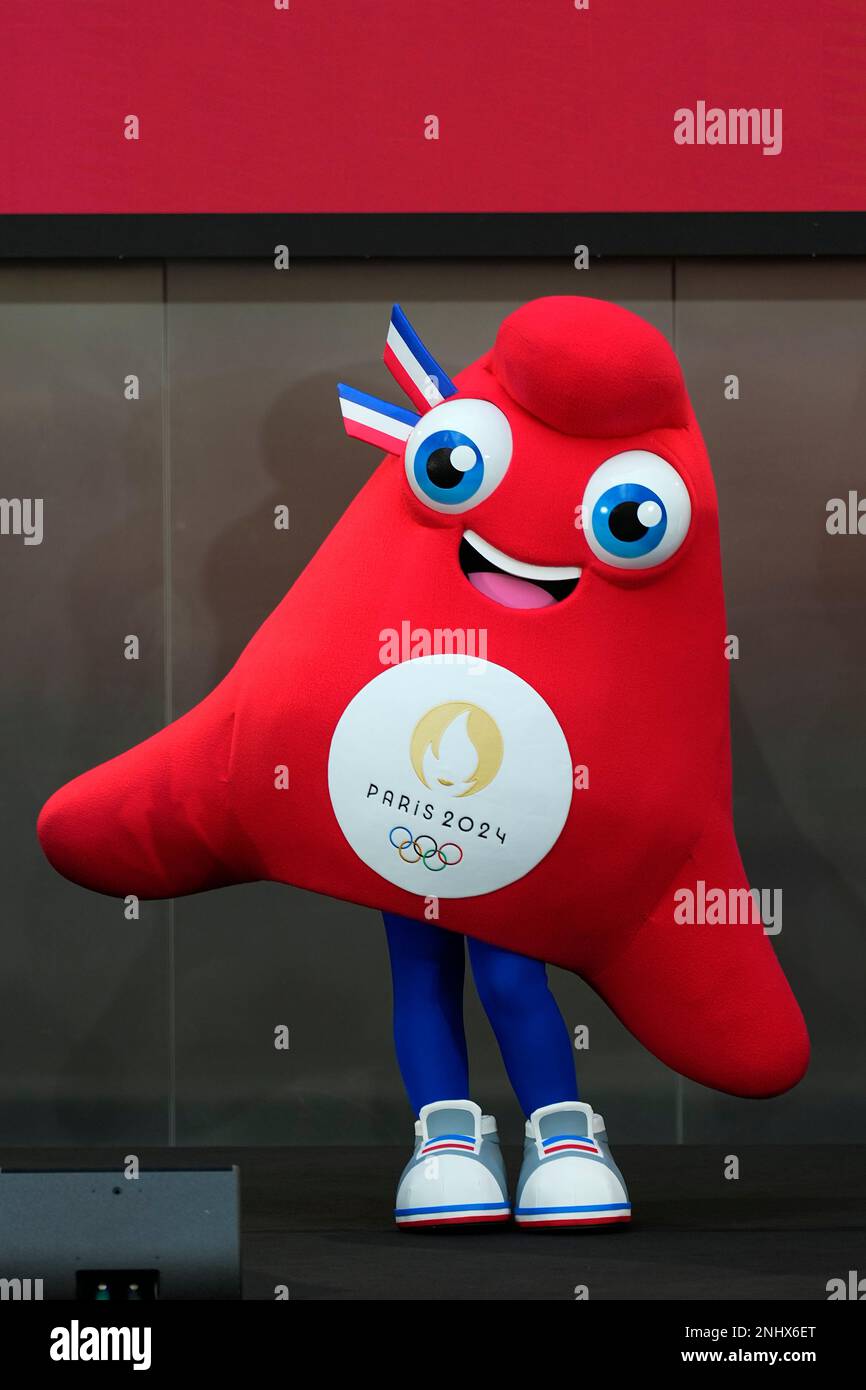 SAINT DENIS, FRANC - NOVEMBER 14: Phryge Mascot of Paris 2024 Olympic Games  waves at the press during the Press Conference to introduce the 2024  Olympic Games Mascots, at Pulse Building, Saint