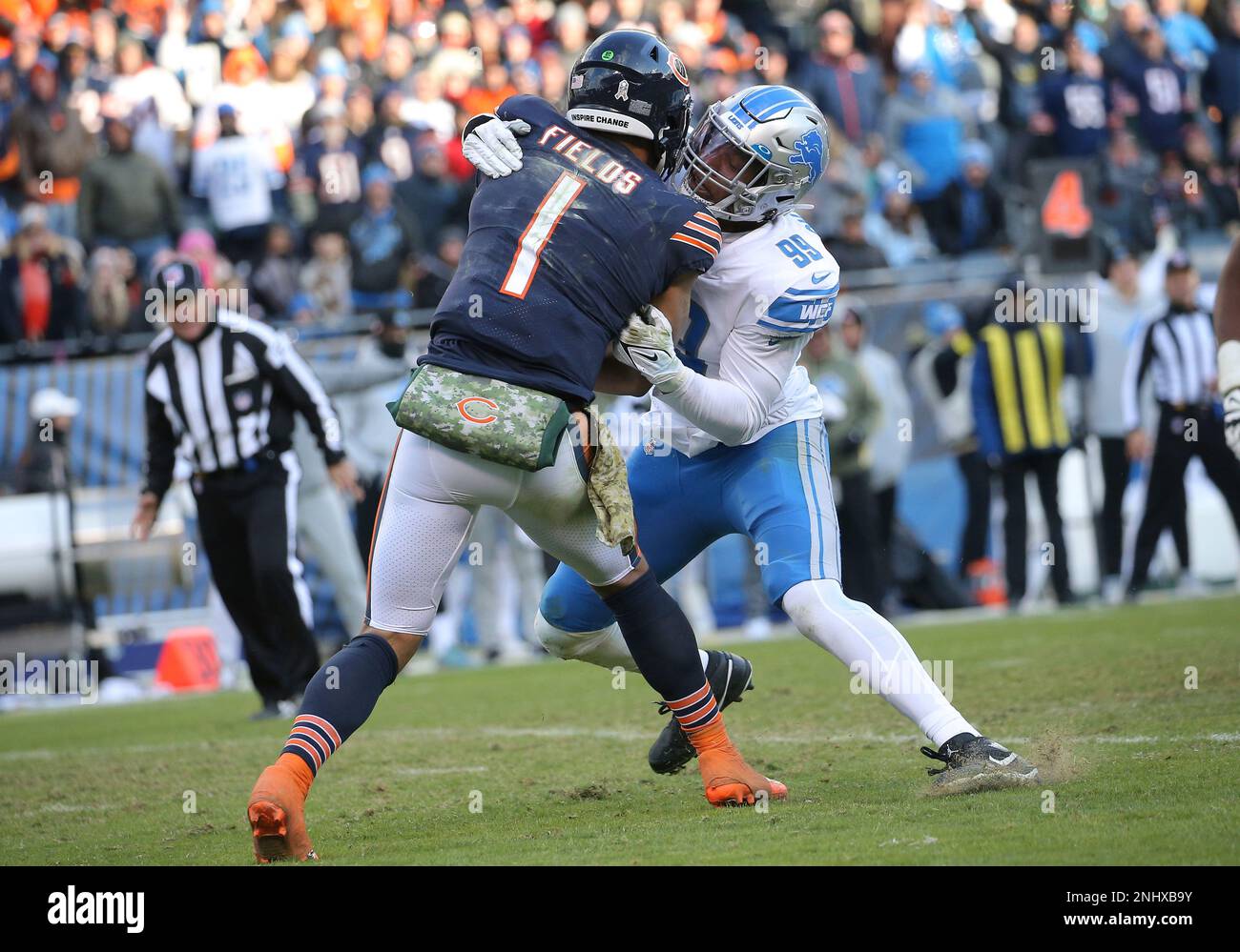 November 13, 2022: Chicago Bears #9 Jaquan Brisker tackles Lions #14  Amon-Ra St. Brown during a game against the Detroit Lions in Chicago, IL.  Mike Wulf/CSM Stock Photo - Alamy