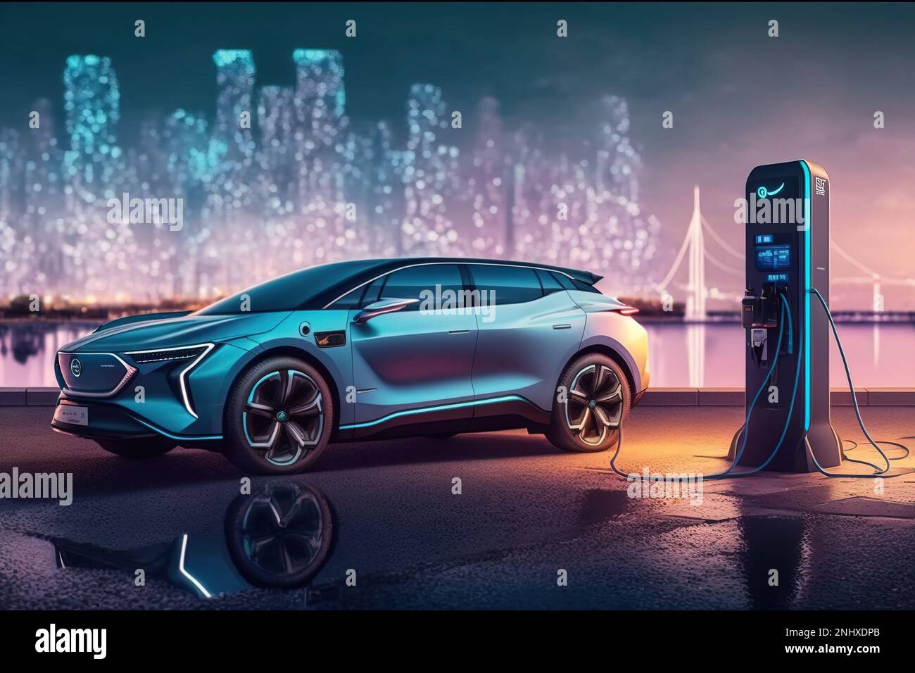 A hydrogen car plugged in to a charging station at night with a city