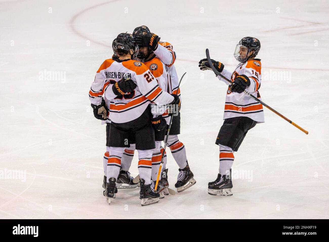 November 12, 2022 RIT Tigers players celebrate after scoring a goal in the second period against the Sacred Heart Pioneers