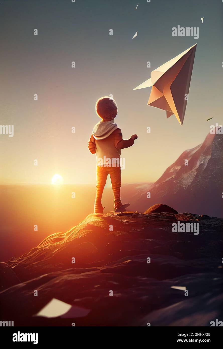 A little boy standing on a rock with a paper airplane in the sky above ...