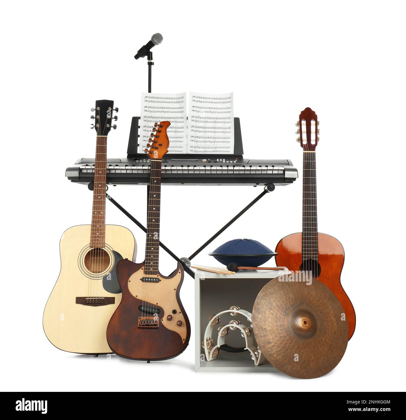 Set of different musical instruments and microphone Stock Photo Alamy