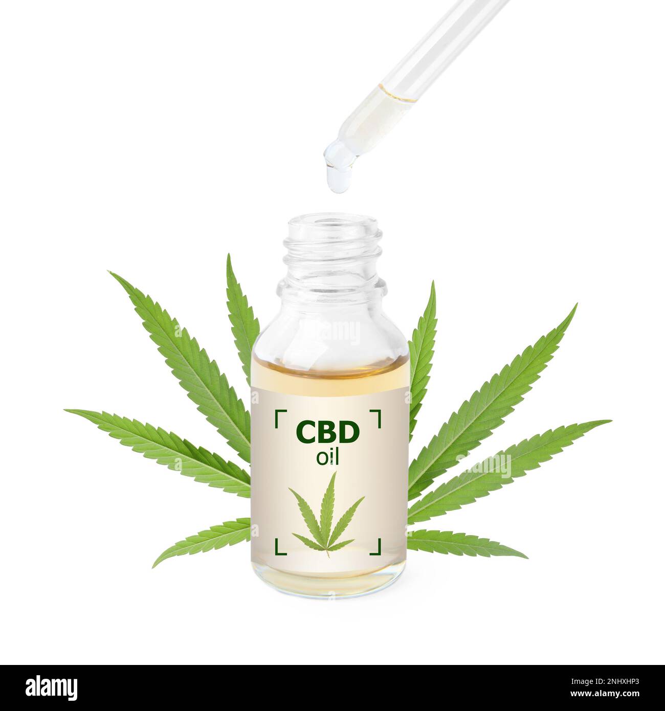 Bottle of cannabidiol oil and hemp leaf on white background Stock Photo