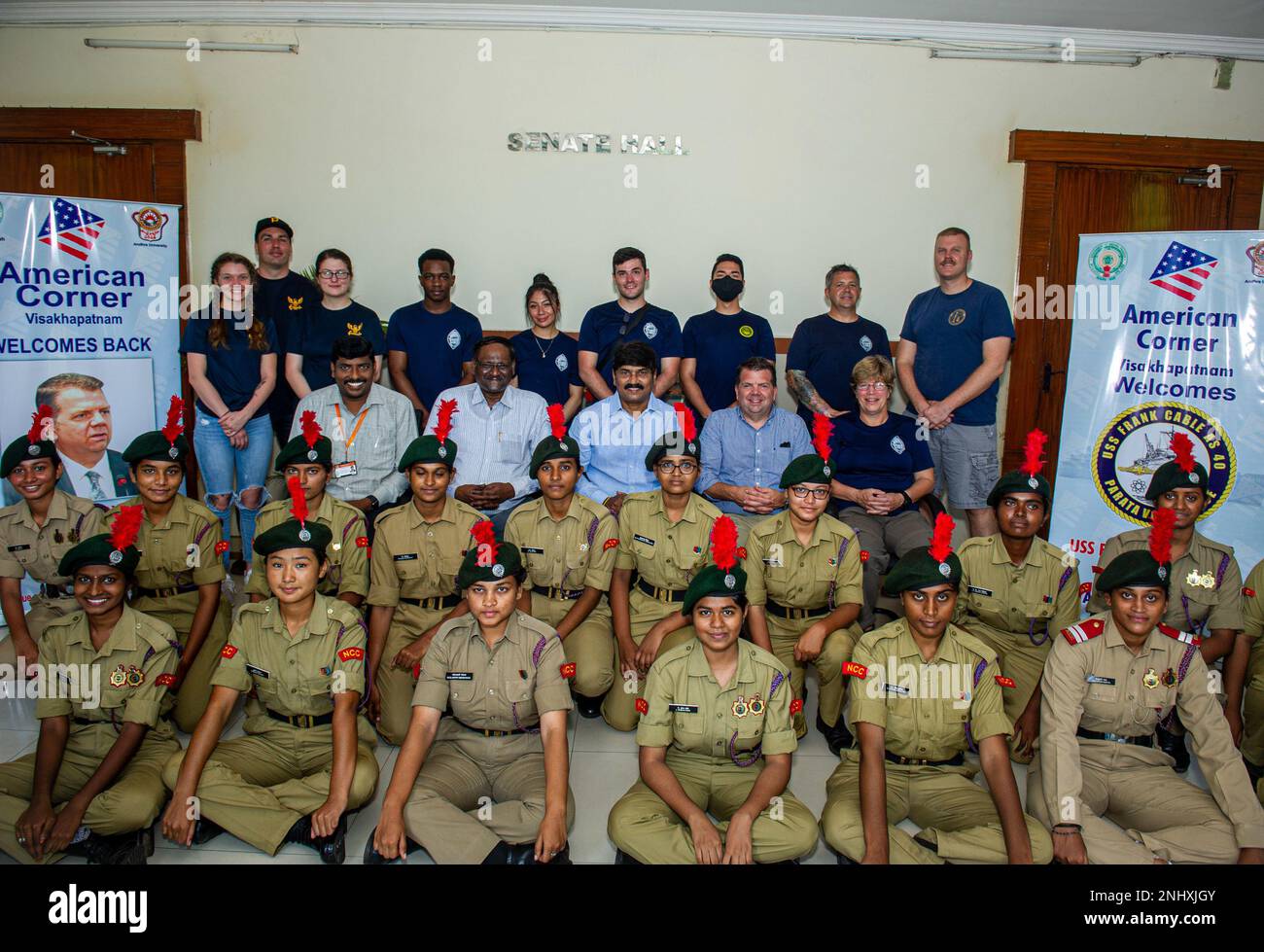 VISAKHAPATNAM, India (Aug. 3, 2022) – David Moyer, public affairs officer for U.S. Consulate General Hyderabad, Prasad Reddy, Vice Chancellor of Andhra University, Sailors assigned to the Emory S. Land-class submarine tender USS Frank Cable (AS 40), female cadets from the National Cadet Corps, and university staff pose for a group photo during a community outreach event at Andhra University in Visakhapatnam, India, Aug. 3, 2022. Frank Cable is currently on patrol conducting expeditionary maintenance and logistics in the 7th Fleet area of operations in support of a free and open Indo-Pacific. Stock Photo