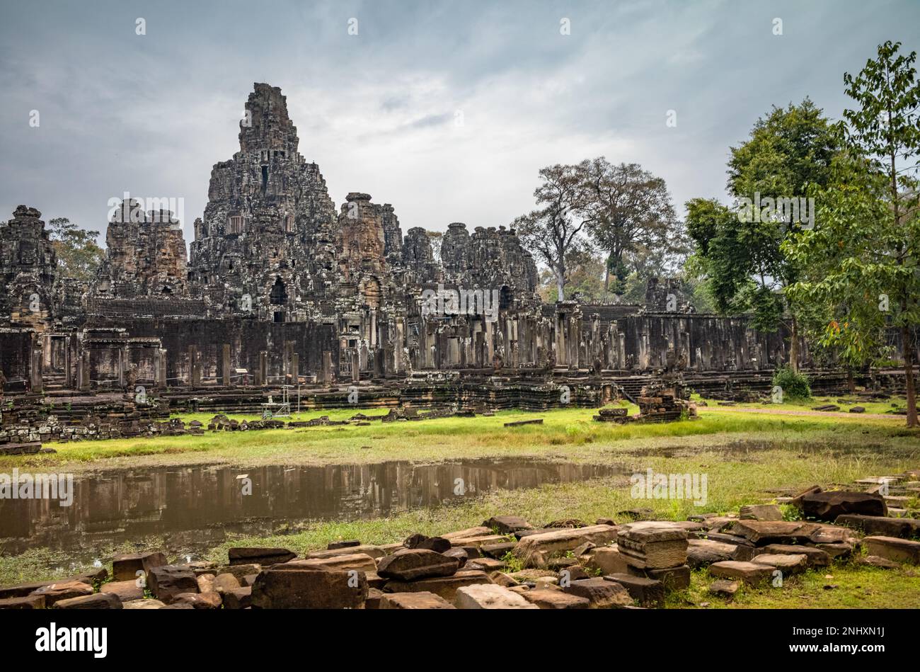 A view of the side of the famed Bayon Temple within Angkor Thom near Angkor Wat in Cambodia. Stock Photo