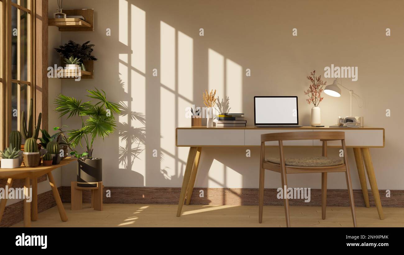 Cozy Scandinavian home working room interior design with laptop mockup