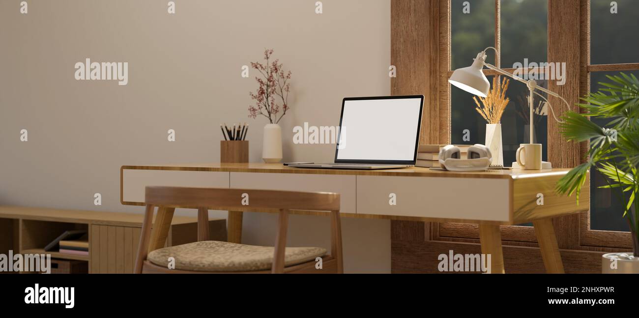 Cozy Scandinavian home working room interior design with laptop mockup