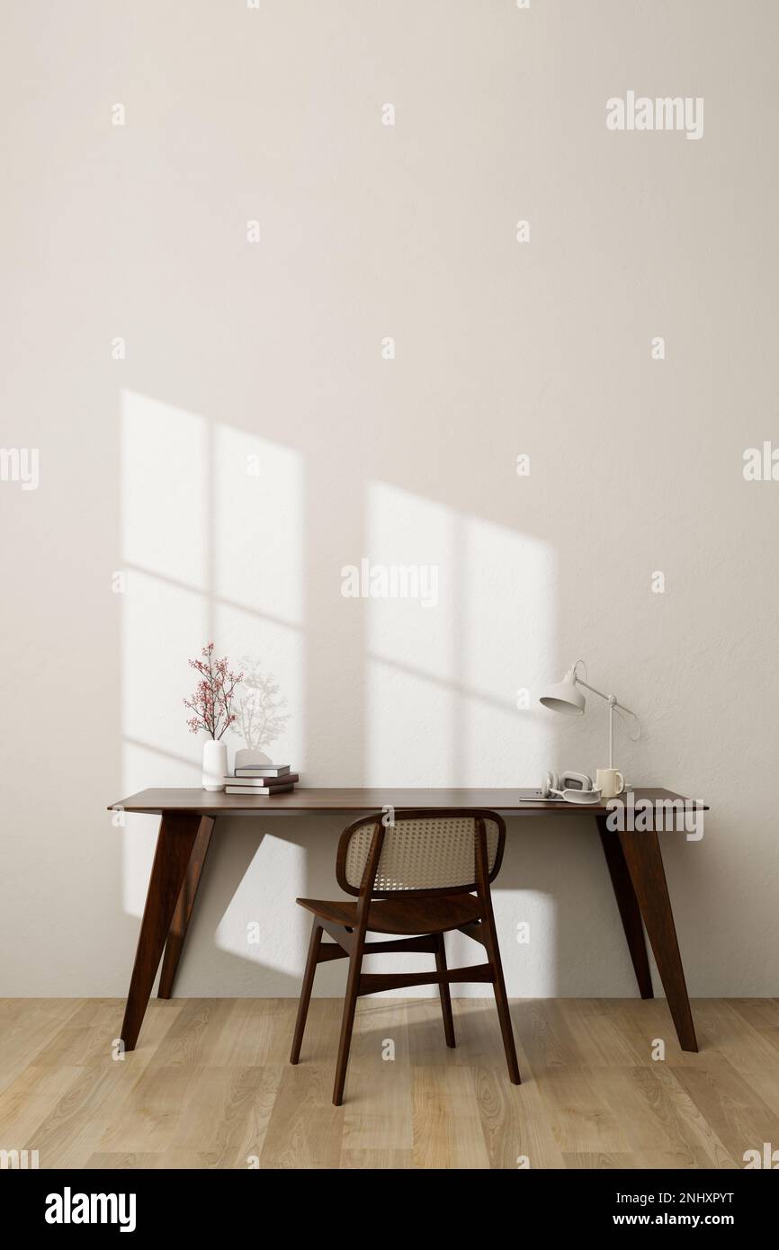 Aesthetic minimal Scandinavian workspace interior with table lamp, flower vase, book, decor and copy space on dark wood tabletop, dark wood chair, whi Stock Photo