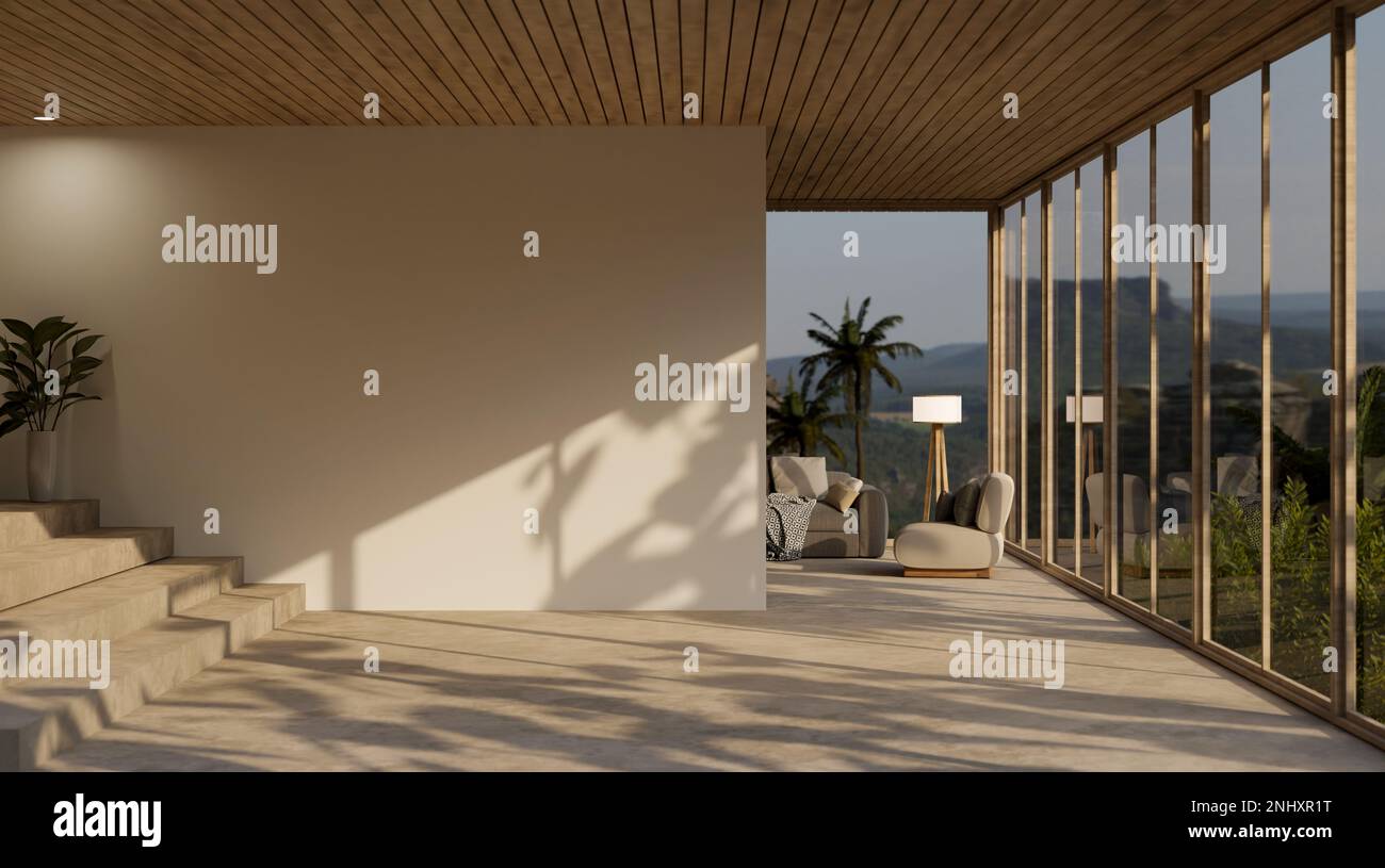 Contemporary luxury spacious home corridor through the living room with