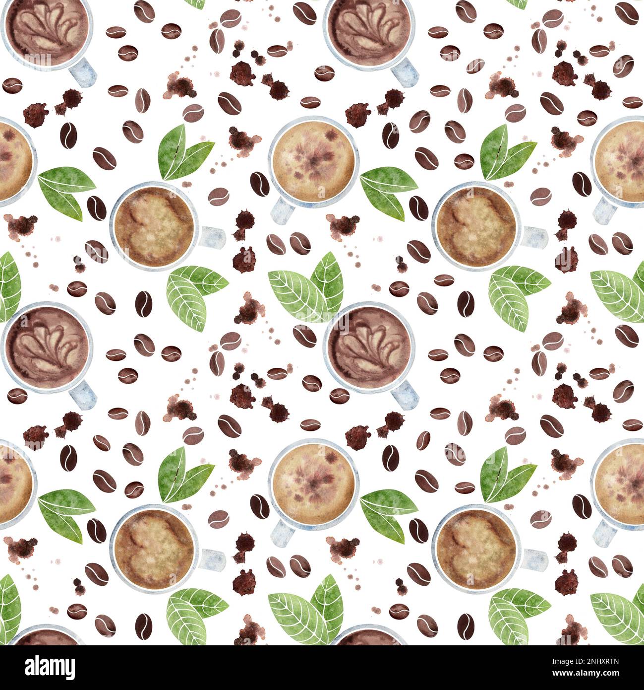 Watercolor hand drawn seamless pattern with coffee cups, beans, leaves ...