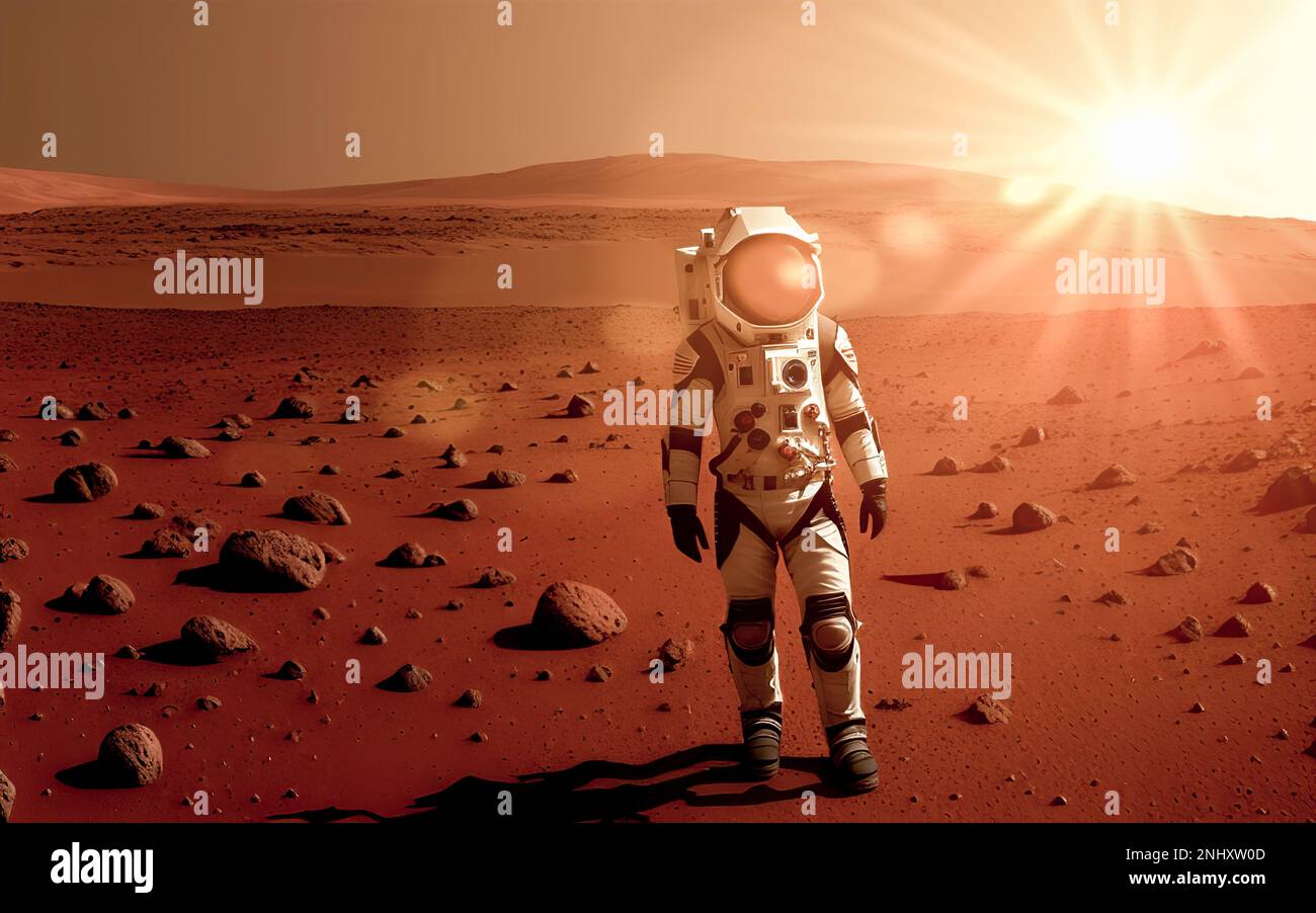 first man on mars. Astronaut in space suit landed on Mars. silhouette of an astronaut standing on Mars. First Manned Mission on Mars. Space Exploratio Stock Photo