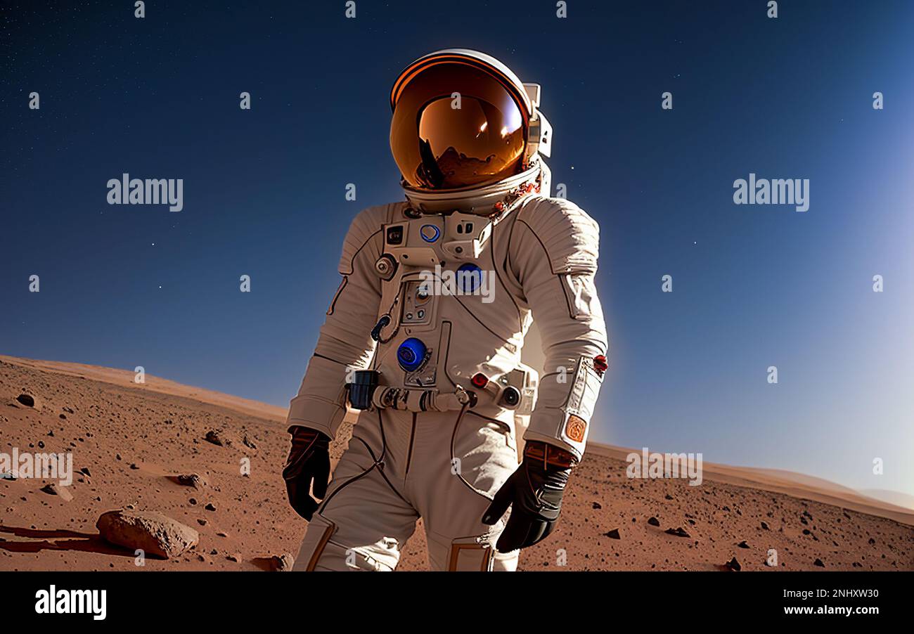 first man on mars. Astronaut in space suit landed on Mars. silhouette of an astronaut standing on Mars. First Manned Mission on Mars. Space Exploratio Stock Photo