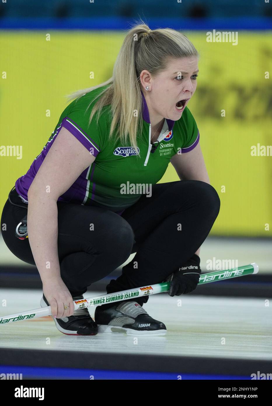 Prince Edward Island skip Marie Christianson calls out to the sweepers while playing against Alberta at the Scotties Tournament of Hearts curling event Tuesday, Feb