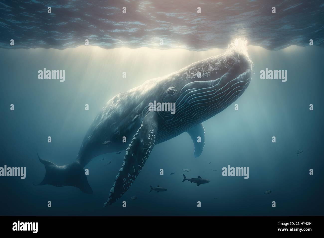 A whale swimming in the ocean with other animals nearby in the water with  sunlight shining on the water ocean a digital painting rayonism Stock Photo  - Alamy