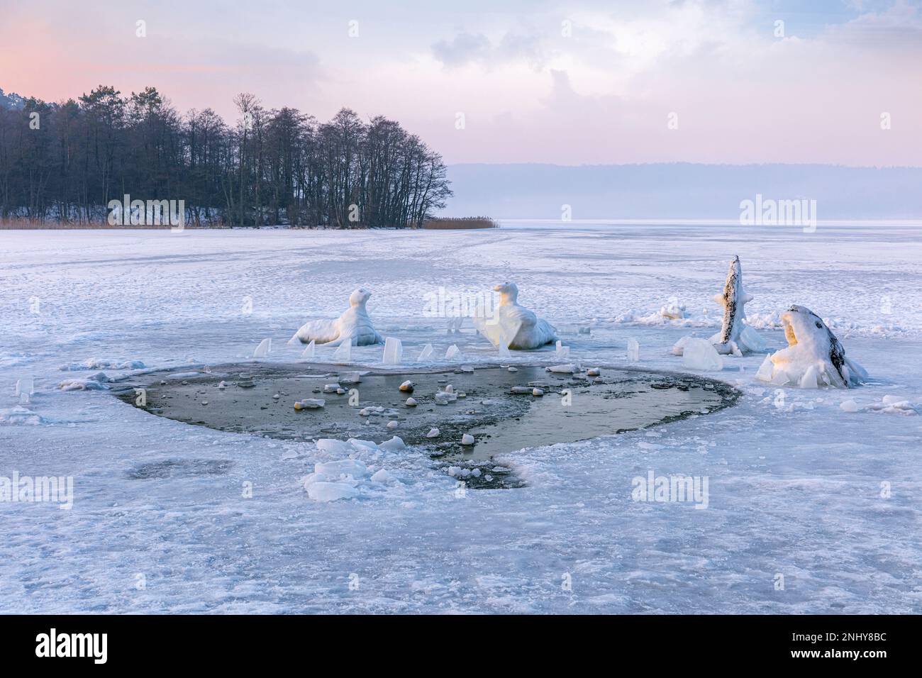 Limajno Lake, ice sculptures, ice hole, Poland Stock Photo
