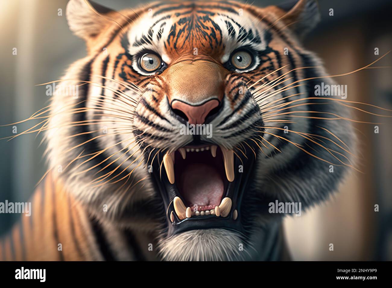 A tiger with its mouth open and it's teeth wide open and it's mouth