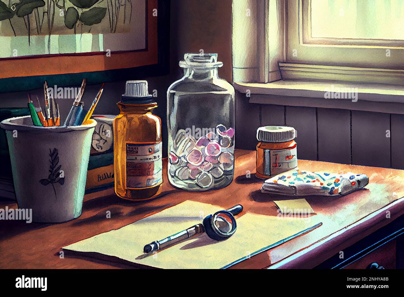 Doctor's workplace, doctor's table, bottles with medicines