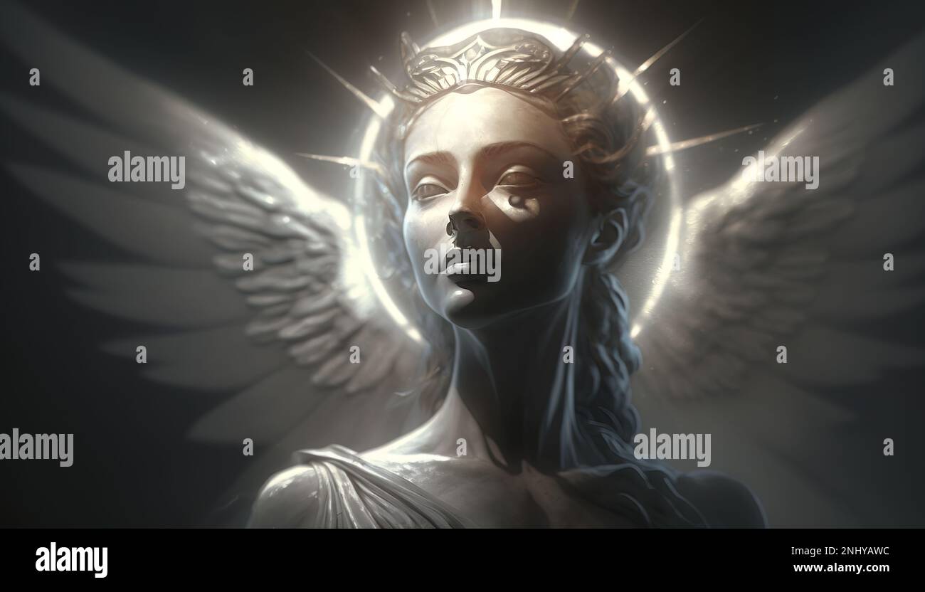 A statue of a woman with angel wings on her head and a halo around her