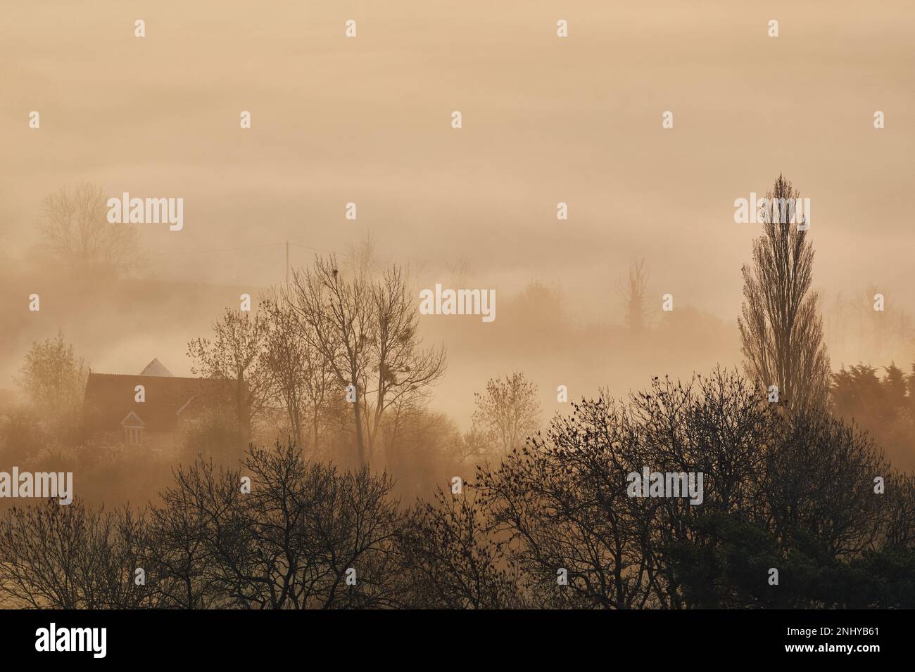 The mists of Avalon rolling through the landscape from Glastonbury Tor, Glastonbury, Somerset. Stock Photo