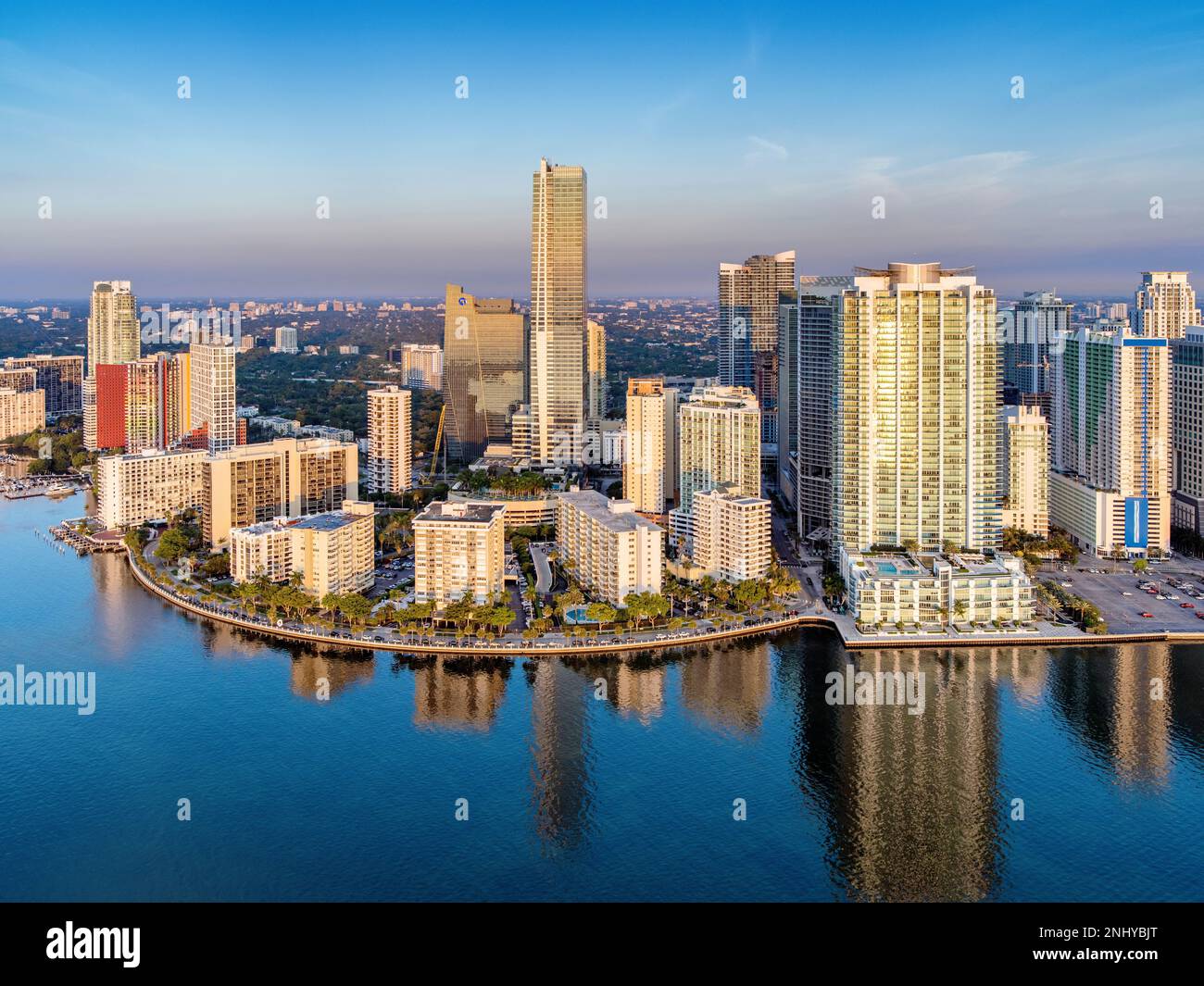 Brickell Key,Downtown Miami and Four Seasons Hotel sunrise Miami,South Florida,Dade,Florida,USA Stock Photo