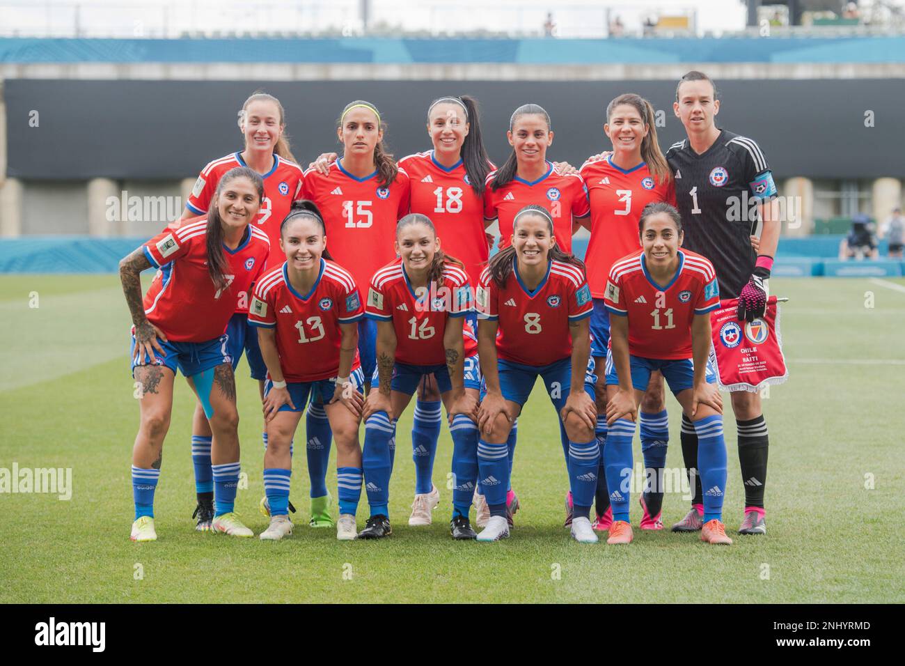 Auckland, New Zealand. 22nd Feb, 2023. Chile National Women's soccer team pose for a photo during the FIFA Women's World Cup 2023 Playoff game between Chile and Haiti held at the North Harbour Stadium. Final score Haiti 2:1 Chile. (Photo by Luis Veniegra/SOPA Images/Sipa USA) Credit: Sipa USA/Alamy Live News Stock Photo