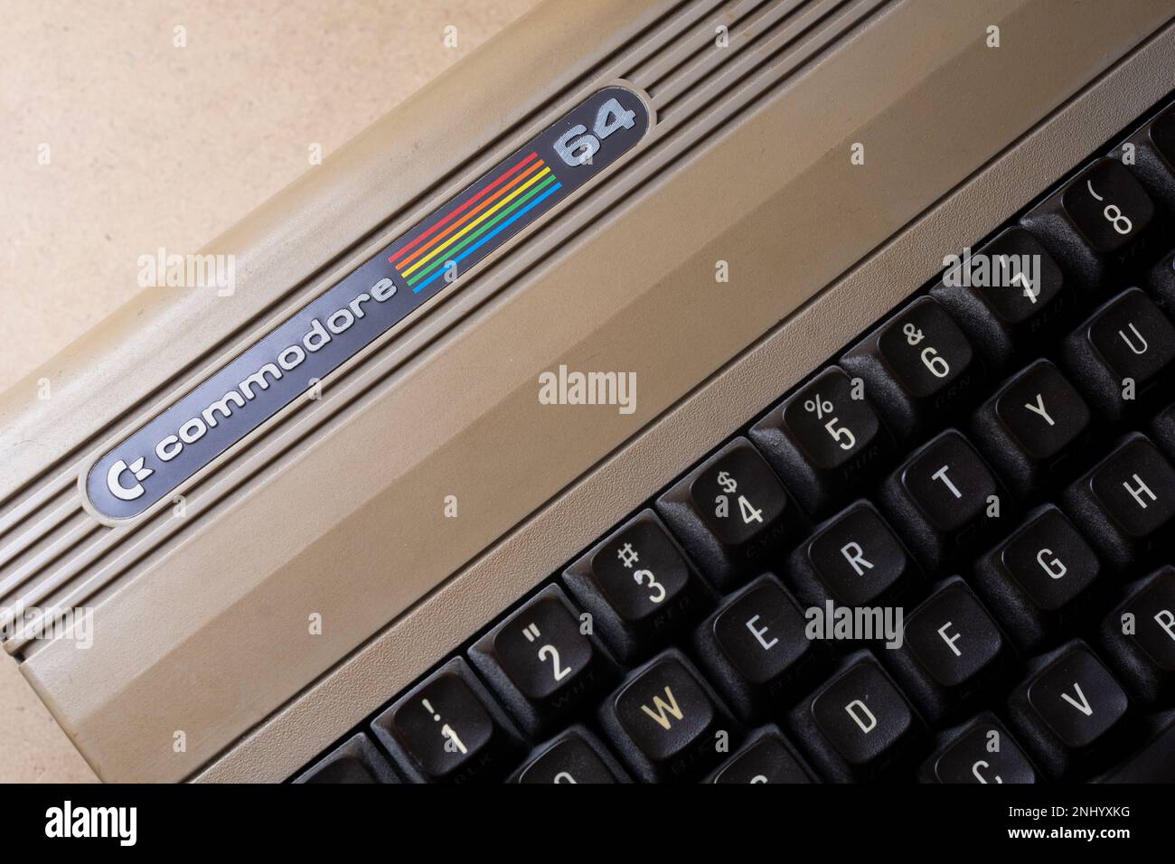 Carrara, Italy - February 22, 2023 - Detail of the keyboard of a Commodore 64, a home computer marketed from 1982 to 1994 Stock Photo