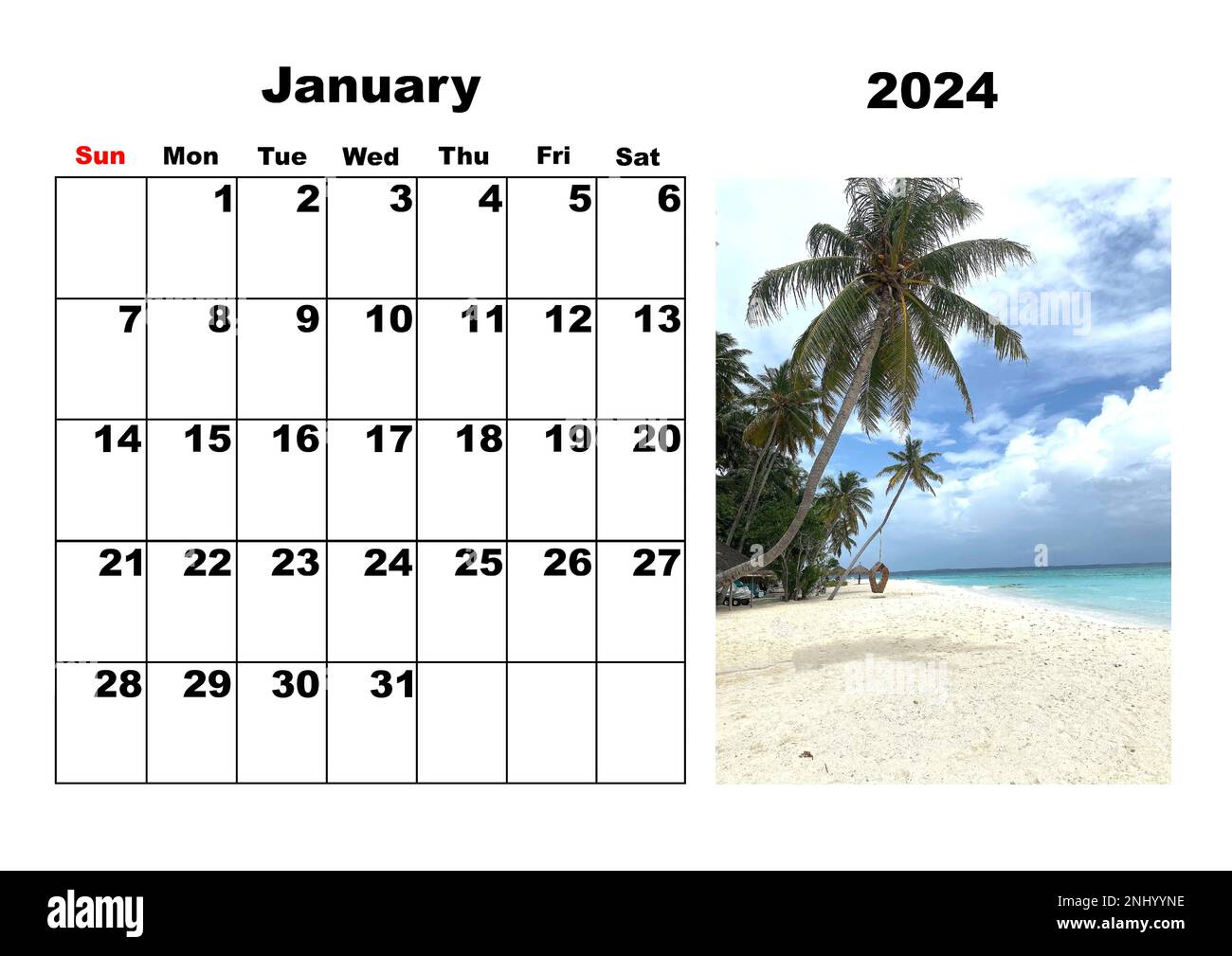Calendar for 2024,January, with a photo of the sea Stock Photo Alamy