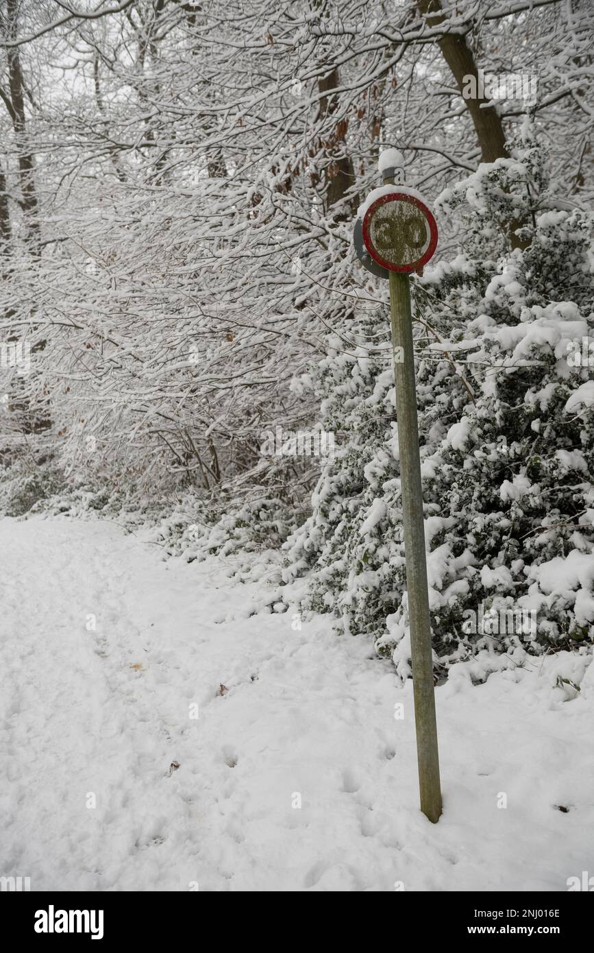 Deep snowfall makes it difficult to see edge of roadway and where footpath kerbside begins as hidden beneath deeper snow making for a driving hazard Stock Photo