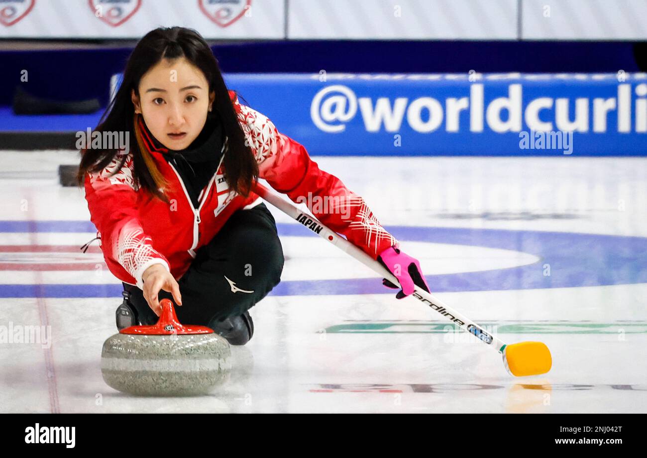 Japan skip Fujisawa Satsuki makes a shot during womens semi-final playoff action against Canada at the Pan Continental Curling Championships in Calgary, Alta., Saturday, Nov