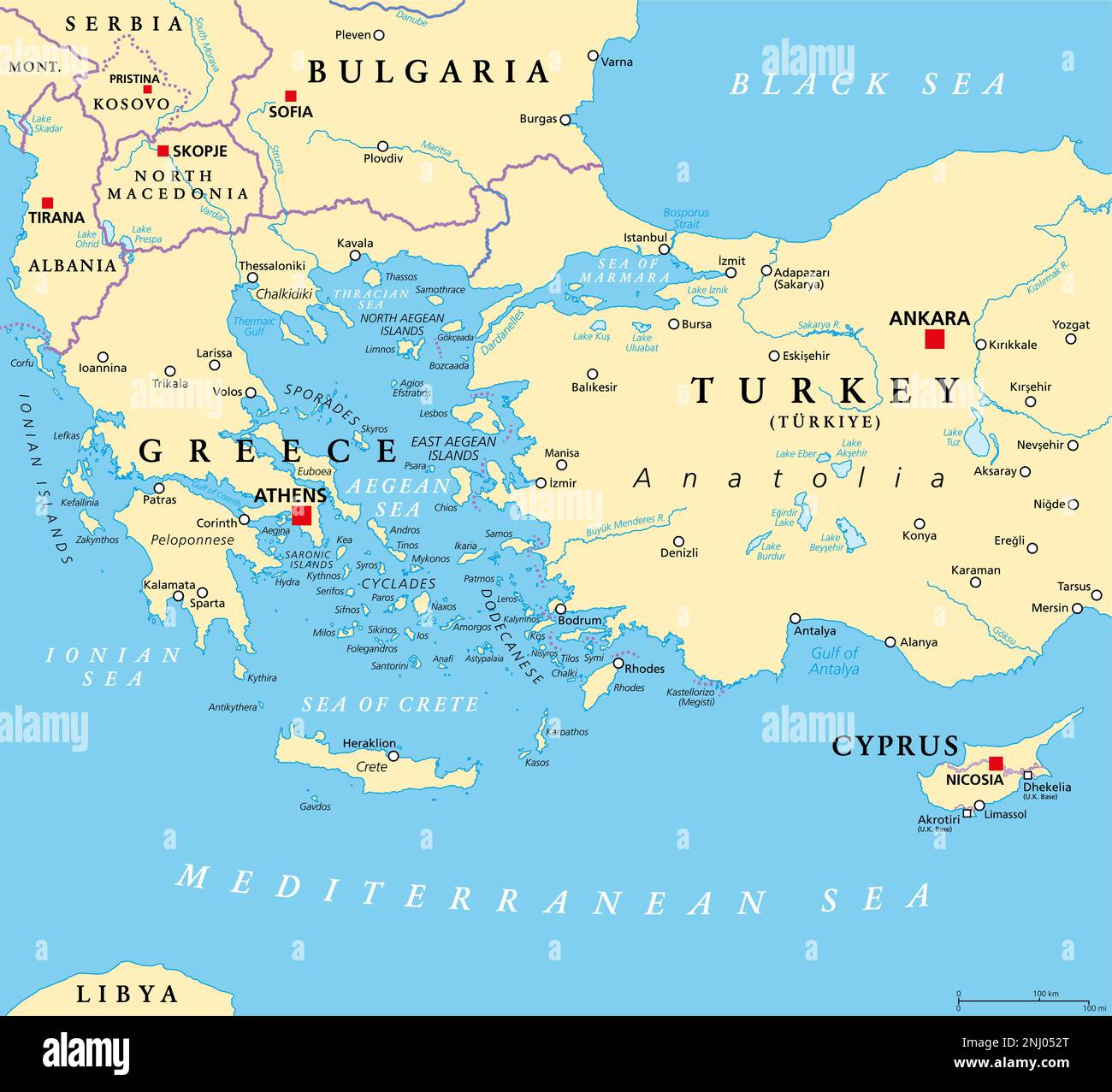 Aegean Sea region with Aegean Islands, political map. An elongated embayment of the Mediterranean Sea, located between Europe and Asia. Stock Photo