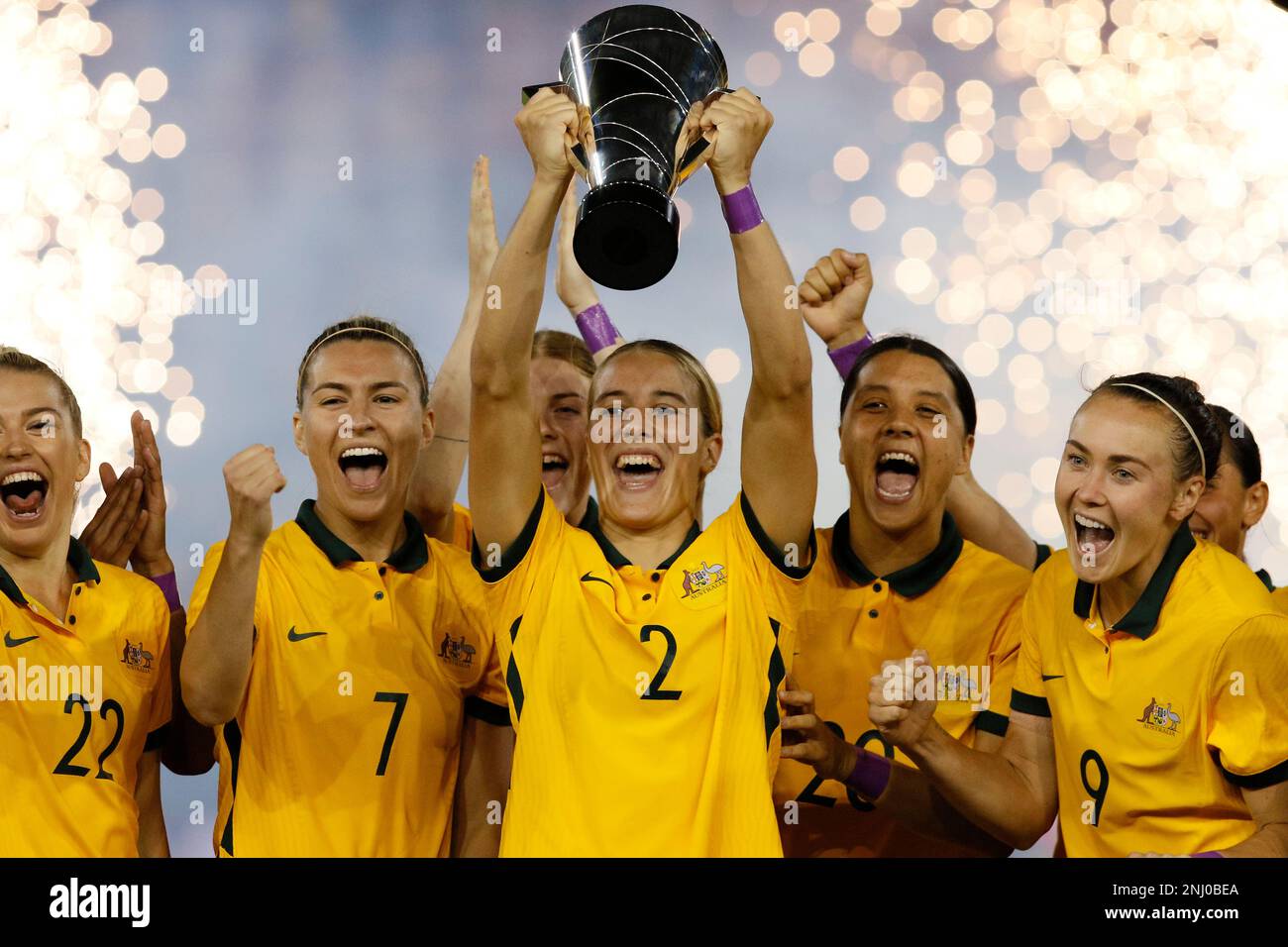 Matildas Players Steph Catley Courtney Nevin And Sam Kerr Celebrate Winning The Cup Of Nations 6680